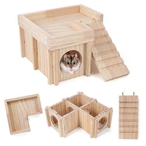 Chngeary Hamster House and Hideout: Multi Chamber Wooden Hamster Tunnel Exploration Toy with Ladder, Cage Accessories for Hamster Rat Gerbils Lemmings.