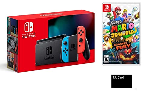 NEW Switch Deluxe Holiday Game Bundle: Nintendo Switch with Neon Blue and Neon Red - 6.2' Touchscreen LCD Display + Super Mario 3D World + Bowser's Fury and T.F. Card