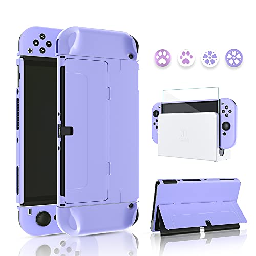 FANPL Flip-type Case Compatible with Nintendo Switch OLED Model, Hard PC Cover for Switch OLED and Joy Con Controller, Protective Case with Screen Protector and 4 Thumb Grip Caps (Purple)