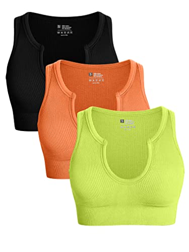 OQQ Women's 3 Piece Medium Support Crop Top Seamless Ribbed Removable Cups Workout Yoga Sport Bra Black Orange Grassgreen
