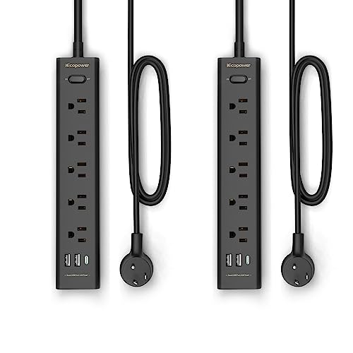 2 Pack Power Strip Surge Protector-5 Widely Spaced Outlets 3 USB Ports(1 USB C Port),1250W/10A with 5Ft Extension Cord, Power Strips with Surge Protection, Wall Mount for Home Office,Black