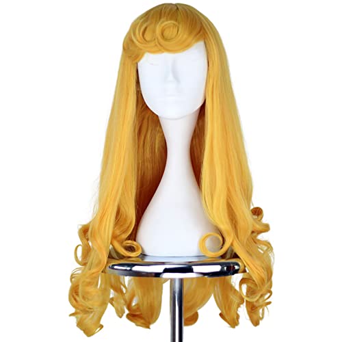 Yan Dream Princess Wig Golden Long Curly Wig Halloween Costume Anime Cosplay Party Wavy Wig with Bangs for Women Girl