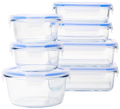 Amazon Basics Glass Locking Lids Food Storage Containers, 14-Piece Set, 7 Count of Bases and 7 Plastic Lids, Clear, Blue