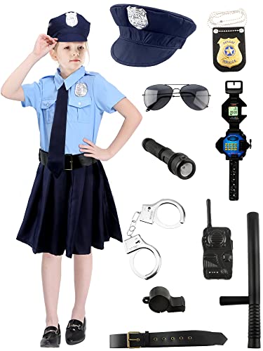 Fahacop 12 Pcs Girls Police Costume Police Officer Uniform Dress Upwith Toy Accessories for Kid Halloween Role Play Prop(10-14 Years (140-160 cm))
