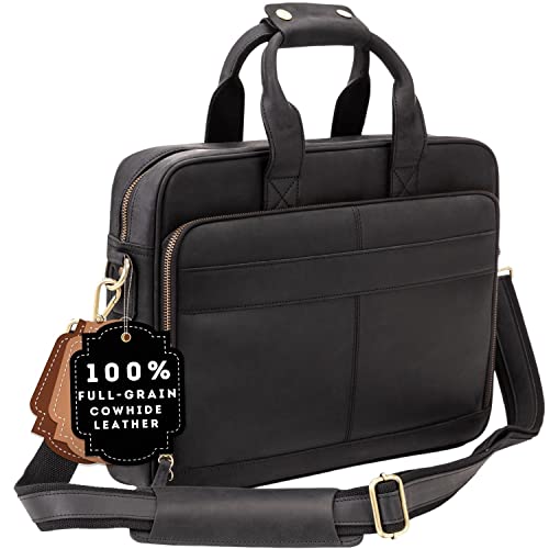 Luxorro Full-Grain Leather Briefcases for Men, Fits 15.6' Laptops, Black Leather Laptop Bag For Men, Leather Laptop Briefcase For Men, Mens Briefcase, Leather Bag For Men, Leather Computer Bag For Men