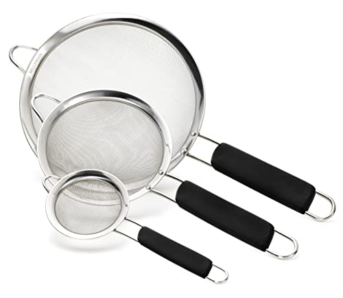 Bellemain Fine Mesh Strainer Basket - Stainless Steel Colander with Handle - Flour Sifter for Baking - Kitchen Food Strainer Sieve, Tea, Rice, Spaghetti, Pasta Strainer Set of 3-3.4”, 5.5”, 7.5”