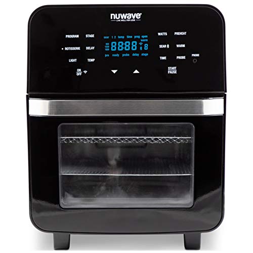NUWAVE Brio 8-Qt Air Fryer, Powerful 1800W, Easy-to-Read Cool White Display, 50°-400°F Temp Controls, 100 Pre-Programmed Presets & 50 Memory Slots, Integrated Smart Thermometer, Linear T Technology