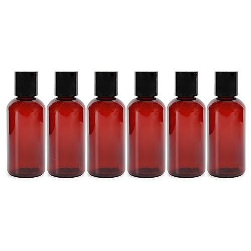 Cornucopia Brands 4oz Empty Amber Brown Plastic Squeeze Bottles with Disc Top Flip Cap (6 pack); BPA-Free Plastic Containers For Shampoo, Lotions, Liquid Soap, Creams