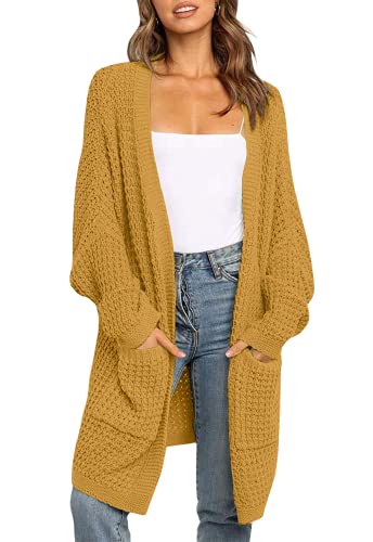 ZESICA Women's 2023 Fall Long Batwing Sleeve Open Front Chunky Knit Cardigan Sweater,Mustard,Medium
