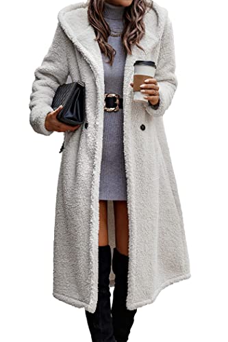 PRETTYGARDEN Women's 2023 Winter Coats Fuzzy Fleece Long Hooded Jackets Button Down Faux Fur Warm Outwear with Pockets (Beige White,Small)