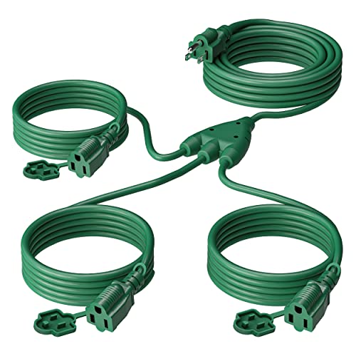 Stright 1 to 3 Splitter Extension Cord (Combined 25 FT, End to End 13 FT), 3 Prong Plug with 3 Extended Outlets, with Weatherproof Covers for Indoor and Outdoor,16AWG/3C SJTW, ETL Listed