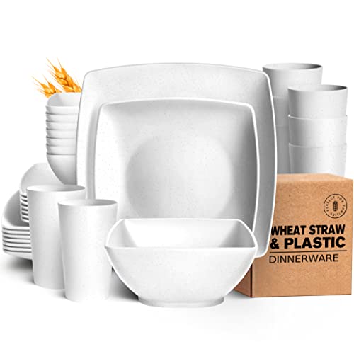 Teivio 32-piece Plastic Wheat Straw Square Dinnerware Set for 8, Unbreakable Dinner Plates, Salad Plates, Snack Bowls, Tumblers 20 oz, Dishwasher Safe, White