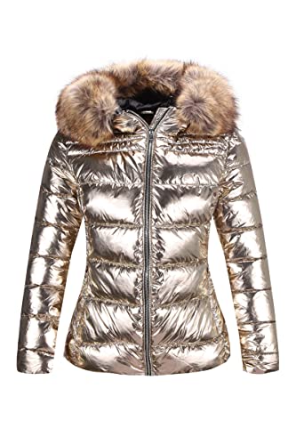 Bellivera Women Puffer Jacket Winter Warm Shiny Coat Hooded with Fur Collar 7695 Gold S