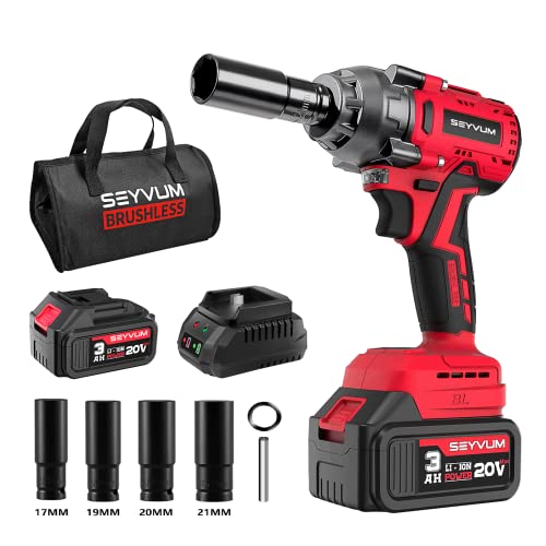 SEYVUM Impact Wrench,1/2' Impact Gun, Power Impact Driver Max Torque 320 Ft-lbs (430N.m), Cordless Impact Wrench with 20V Brushless Motor, 3.0Ah Li-ion Battery with Fast Charger, 4 Pcs Impact Sockets