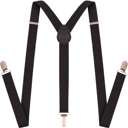 GUCHOL Black Suspenders for Mens with Strong Metal Clips Adjustable Elastic Y Style Leather Heavy Pants Suspender for Wedding&Party (Black)