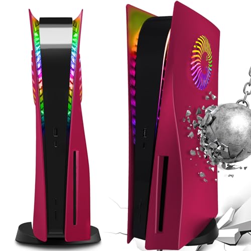 SIKEMAY PS5 Plates Playstation 5 Accessories, PS5 Cover Face Plates and RGB LED Light Strip, Console Disc Version Skins with Fan Vents Dust Side Faceplate Shell Case, 8 Color 400+Effects Kit - Red
