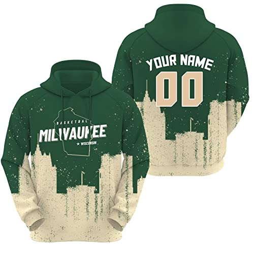 UUART Milwaukee Custom Basketball Sweatshirt Hoodie Personalized Name Number Gifts for Fans Green White Small-5X-Large