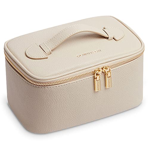 Veki Travel Makeup Bag Large Leather Cosmetic Bags for Women, Portable Make Up Train Case with Adjustable Divider, Toiletry Bag Organizer for Cosmetics Brushes (Beige)