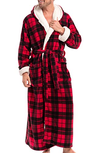 Alexander Del Rossa Men’s Robe, Big and Tall Plush Fleece Hooded Bathrobe with Pockets, Red Buffalo Check Plaid with Sherpa, Large-XL (A0262Q42XL)