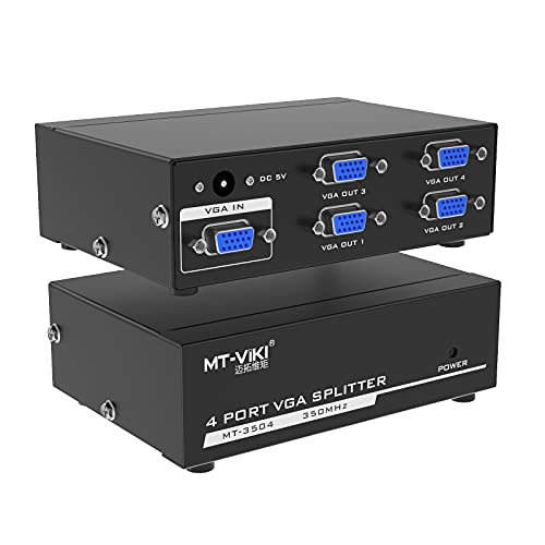 MT-VIKI 4 Port Powered VGA Splitter 1 in 4 Out 350Mhz Video Distribution Duplicator for 1 PC to 4 Monitors Projector