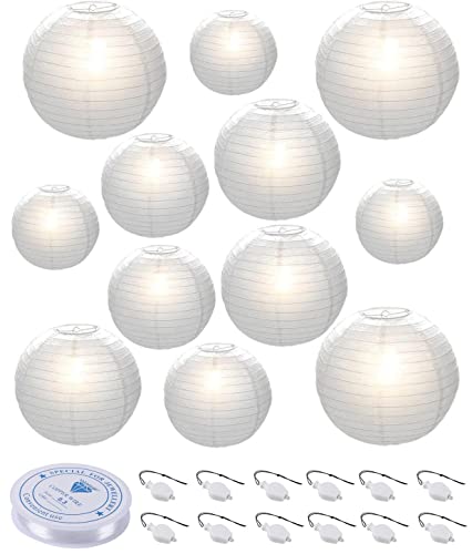 HAUSPROFI Paper Lanterns, 6' 8' 10' 12' Round Paper Lantern with LED Lantern Lights for Indoor and Outdoor Decoration - (Lanterns: 12pcs, Warm White Lights: 12pcs)