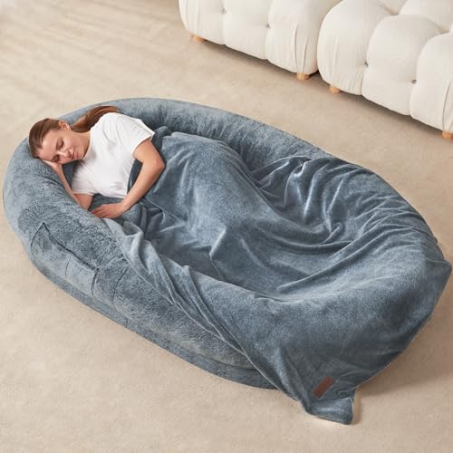 Homguava Large Human Dog Bed 72'x48'x10' Human-Sized Big Dog Bed for Adults&Pets Giant Beanbag Bed with Washable Fur Cover,Blanket and Strap(Large, Grey)