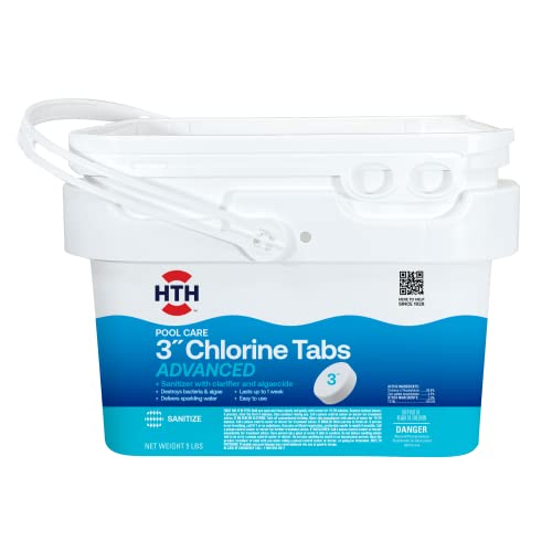 HTH 42052W Pool Care 3' Chlorine Tabs Advanced, Individually Wrapped Tablets - Swimming Pool Sanitizer with Clarifier & Algaecide, Destroys Bacteria & Algae, Delivers Clear Water All Season, 5 lbs