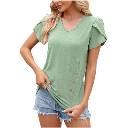 LMSXCT Women's Summer Dressy Casual Blouse V Neck Petal Short Sleeve Button Decor Shirts Work Tunic Tops Solid Flowy Tshirt Green