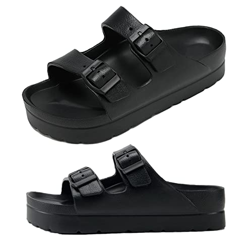 Womens Black Platform Sandals with Arch Support, Adjustable Double Buckle EVA Slides, Comfort Lightweight Ultra Cushion Wedge Sandal