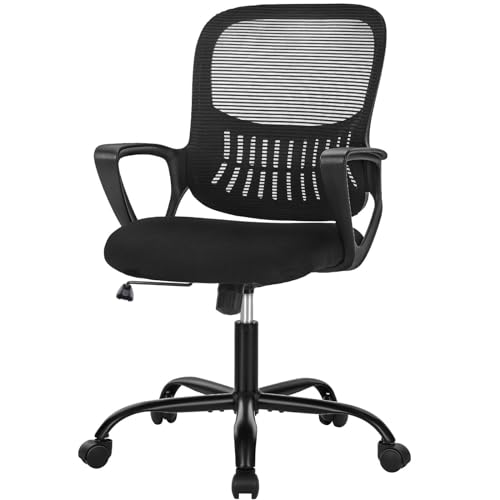 SMUG Office Computer Gaming Desk Chair, Ergonomic Mid-Back Mesh Rolling Work Swivel Task Chairs with Wheels, Comfortable Lumbar Support, Comfy Arms for Home, Bedroom, Study, Student, Adults, Black