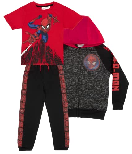 Marvel Spiderman Boys 3 Piece Fleece Pants Set, Spider-Man Zip-Up Hoodie, T-Shirt, and Pants 3-Pack Bundle Set (Black/Grey/Red, Size 7)
