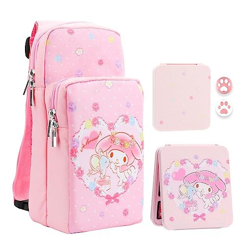 RHOTALL Portable Travel Carrying Case Compatible with Nintendo Switch/Oled/Lite, Large Capacity Shoulder Bag with 12 Slots Game Case, Thumb Grip Caps (Bunny)