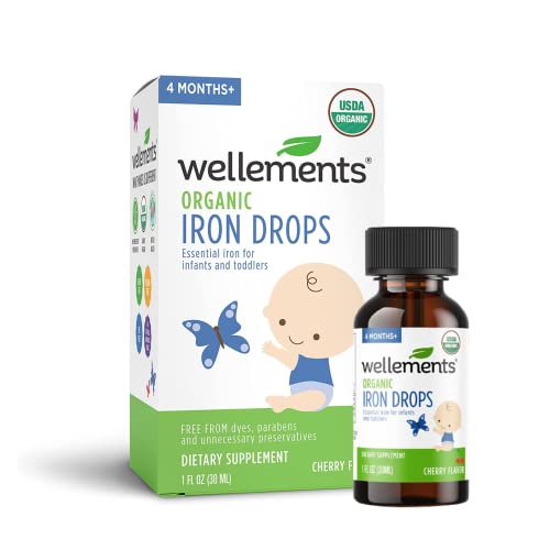 Wellements Organic Iron Drops for Babies | Essential Liquid Iron Supplement for Infants & Toddlers, USDA Certified Organic, No Preservatives or Artificial Flavors, Cherry Flavor | 4 Months+, 1 Fl Oz