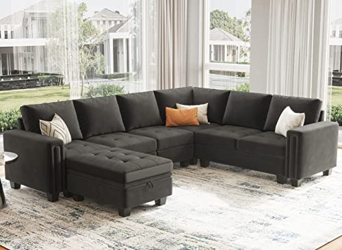 Belffin Velvet Modular Sectional Sofa with Storage Ottoman 6 Seater L Shaped Sectional Modular Sofa Couch with Reversible Chaise Convertible Corner Sectional Couch Grey