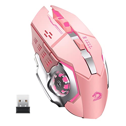 Uciefy Q85 Rechargeable Wireless Gaming Mouse, 2.4G LED Optical Silent Wireless Computer Mouse with 4 LED Light, 3 Adjustable DPI, Ergonomic Design, Auto Sleeping (Pink)