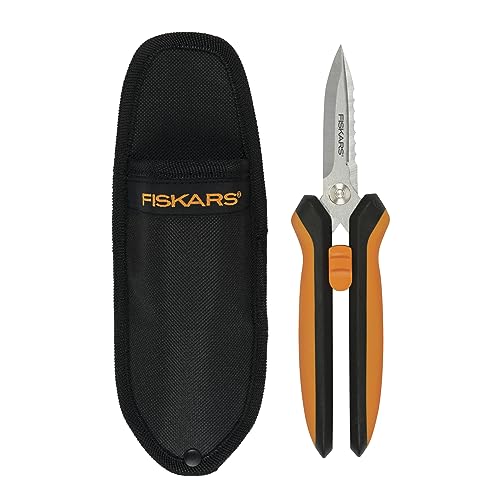 Fiskars Multi-Purpose Garden Snips - 8' Garden Shears with Sheath and SoftGrip Handle - Straight Edge, Serrated Edge, Wire Cutter - Yard and Garden Tools - Orange/Black
