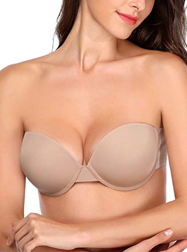JOATEAY Women's Strapless Self Adhesive Bra Reusable Backless Sticky Push Up Bra Invisible (Nude, Cup DD)