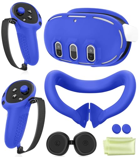 Silicone Cover Set Compatible with Oculus/Meta Quest 3, VR Accessories Protective Cover Includes Controller Grips, Front Shell Headset Cover and Face Cover (Blue)