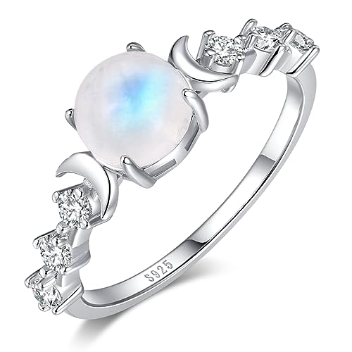 Angol Natural Moonstone Ring for Women, 925 Sterling Silver Triple Moon Goddess Engagement Promise Ring for Girls Anniversary, Birthday, Christmas, Valentine's Day Gift for Her