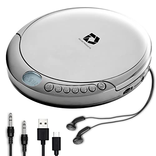 Deluxe Products CD Player Portable with 60 Second Anti Skip, Stereo Earbuds, Includes Aux in Cable and AC USB Power Cable for use at Home or in Car. Silver