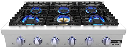 36 Inch Gas Cooktop 6 Burners, GASLAND Chef Pro RT3606 Professional Natural Gas Rangetop Slide-in with Blue Indicator Lights, Re-ignition, 120V Plug-in