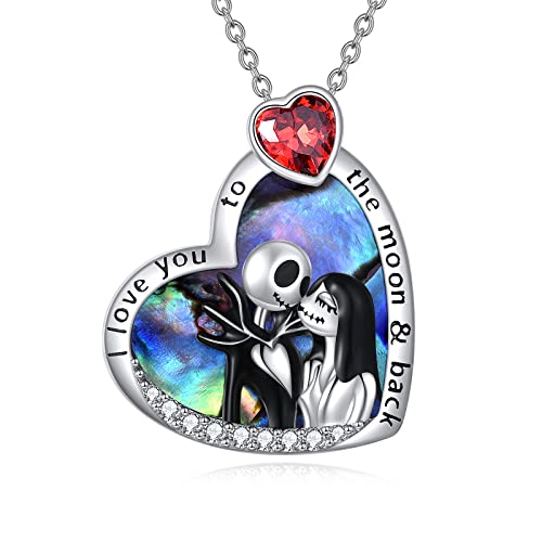 LILALO Nightmare Necklace Sterling Silver Abalone Shell Jack and Sally Necklace Jack Skellington Jewelry Christmas Gifts for Women I Love You to The Moon and Back Jewelry Skull Jewelry Heart Pendant Necklace Birthday Gifts for Women Wife Daughter (Abalone Shell-I Love You To The Moon And Back)