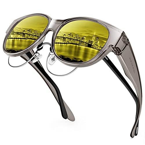 URUMQI Night Vision Glasses Fit Over Glasses for Driving, Women's Anti Glare Polarized Night Time Drive Glasses Cat Eye Yellow Lens