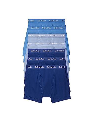 Calvin Klein Men's Cotton Classics 7-Pack Boxer Brief, 3 Blue Depths, 2 Boardwalk Blue, 2 Water Reflection, M