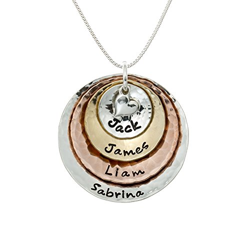 My Four Treasures Personalized Necklace with 4 Customizable Discs in Sterling Silver, 14k Gold Plate and Rose Gold Plate with a 925 Heart Charm
