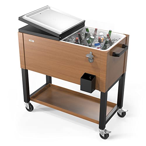 VINGLI 80 Quart Rolling Ice Chest on Wheels, Patio Cooler Cart with Cover and Water Pipe for Patio Pool Party(Wood Color)