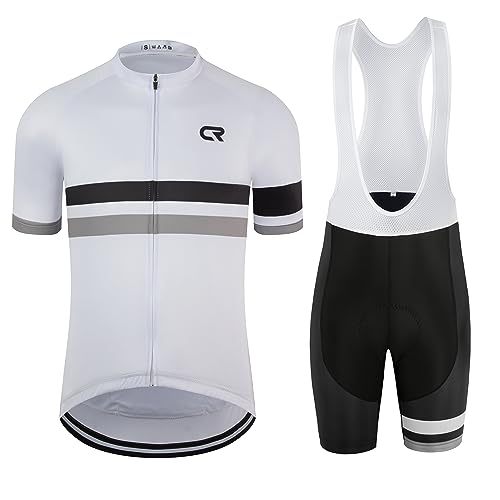 Coconut Ropamo CR Men's Cycling Jersey Set Road Bike Jersey Zipper Pocket Short Sleeves Cycling Kits Bib Shorts 3D Padded (White, L)