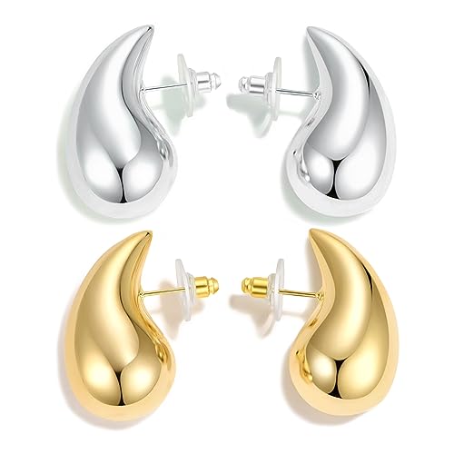 Cocamiky Bottega Earring Dupes for Women Trendy,Silver and Gold Tear Drop Earrings Jewelry Lightweight 14K Real Gold Hypoallergenic Chunky Hoop Earrings Set with Sterling Silver Post Jewelry Gifts