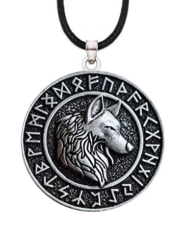 HAQUIL Viking Wolf Necklace, Viking Ancient Runes Medallion with Fenrir Wolf Head Pendant, Faux Leather Cord, Norse Necklace for Men (AD)