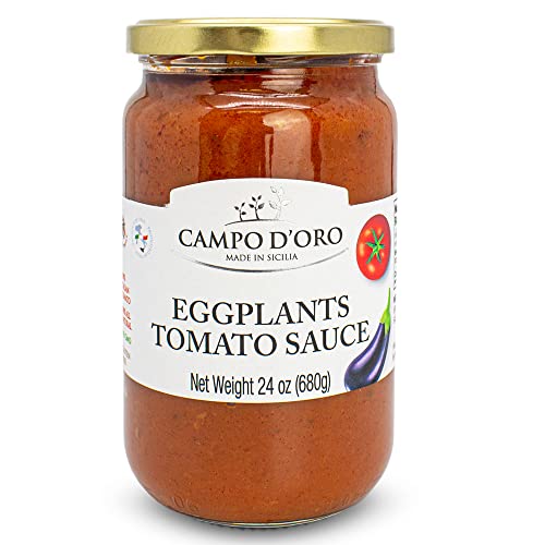 Italian Tomato Sauce with Eggplant, Made with Extra Virgin Olive Oil and Eggplants. 100% Natural, Italian, Jar 24oz (680g). Non-GMO, Gluten Free, By Campo D'Oro